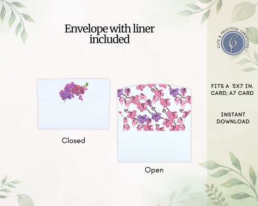 Set of Printable Card and Envelope Template with Liner included - Orchid Design
