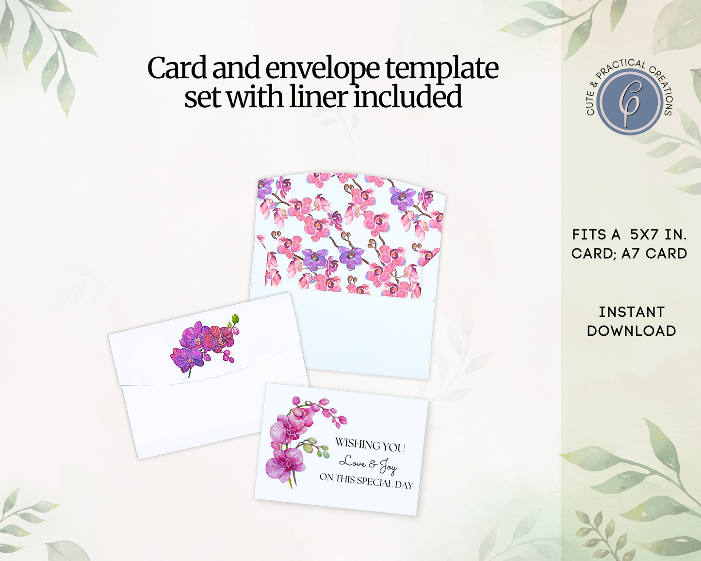 Conjunto de plantilla de tarjeta y sobre imprimible con forro incluido - Diseño Orquídea