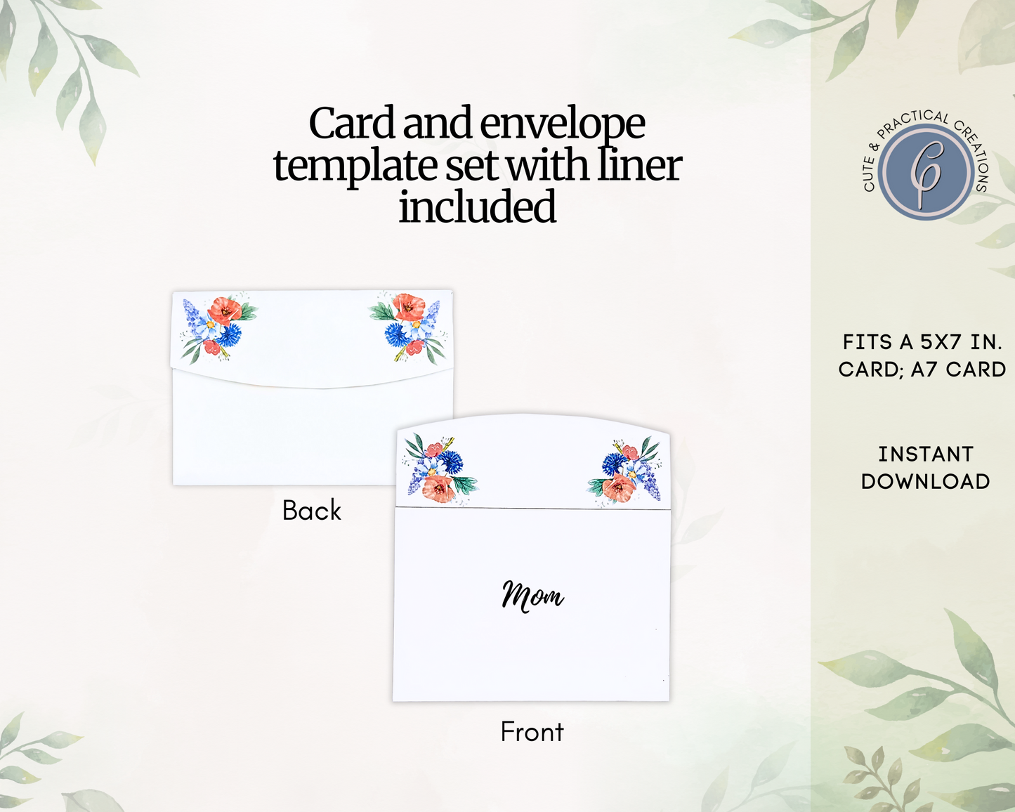 Set Tarjeta Imprimible y Plantilla de Sobre con Forro incluido-Diseño Floral-Mamá