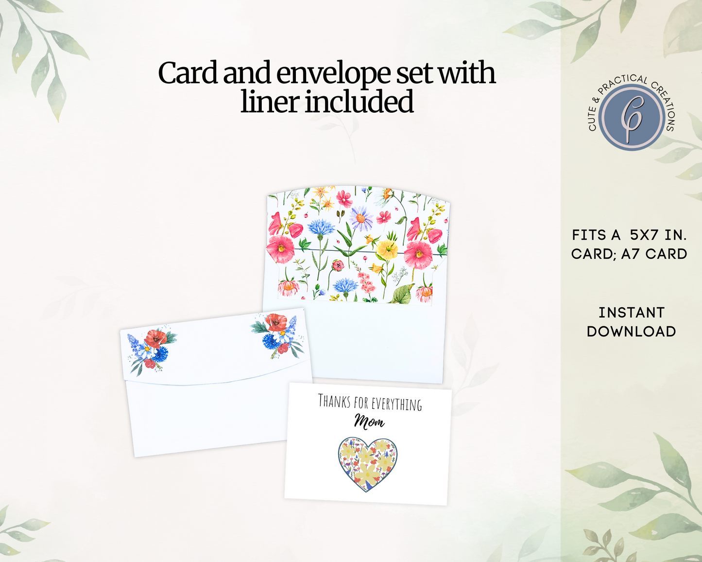 Set Tarjeta Imprimible y Plantilla de Sobre con Forro incluido-Diseño Floral-Mamá