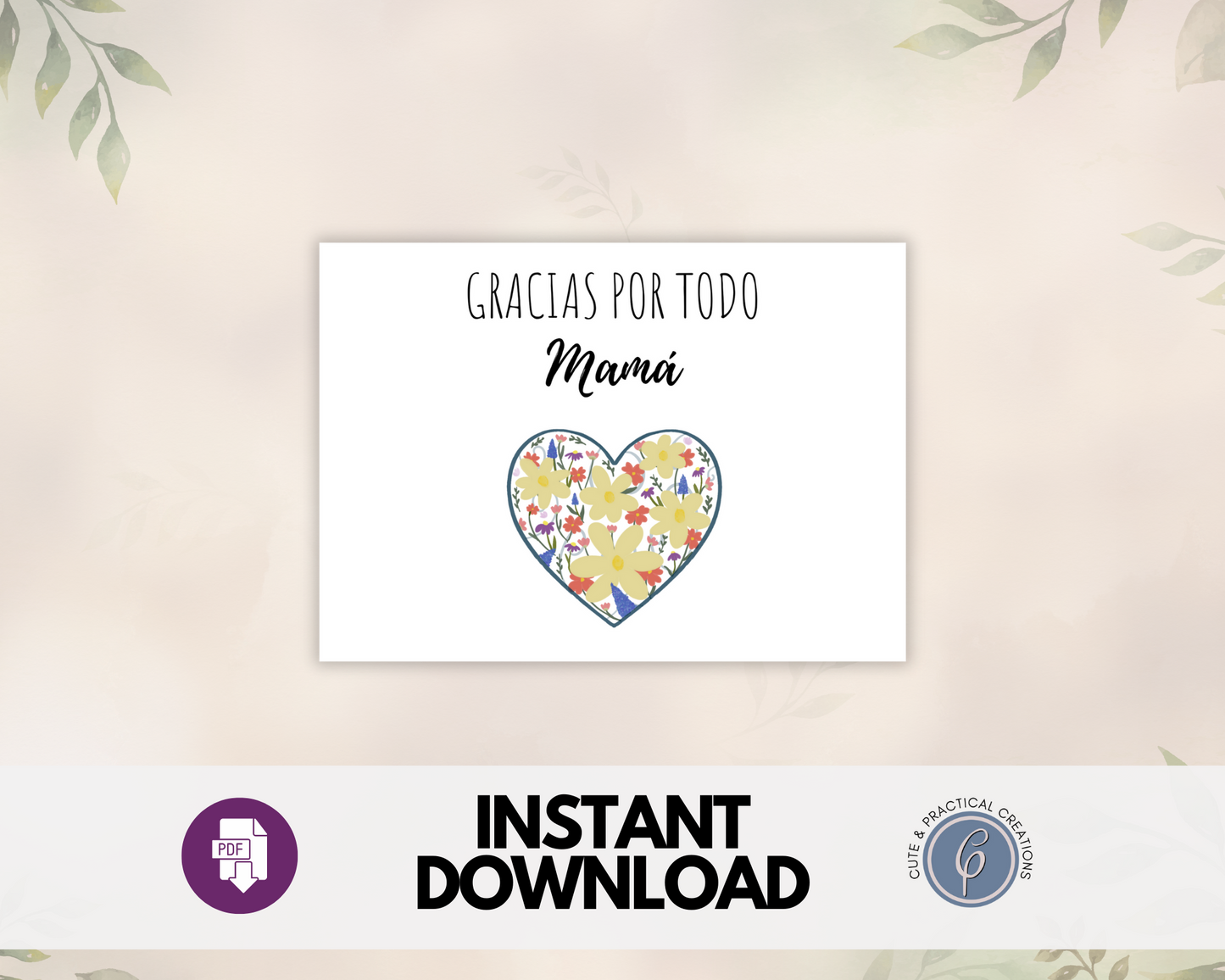 Tarjeta Gracias Mamá con Corazón y Flores en Español