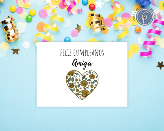 Happy Birthday Card for Friend Heart with Flowers Digital; Feliz cumpleaños Amiga