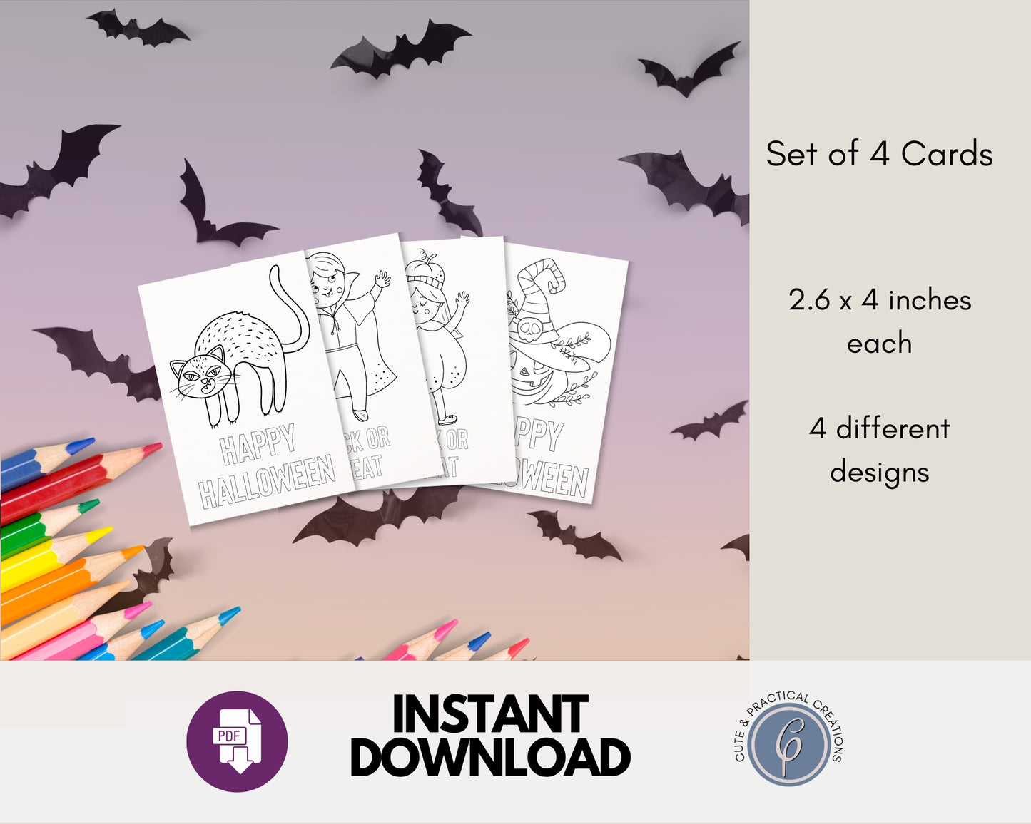 Mini Tarjetas Conjunto de 8 - Diseños imprimibles Halloween para niños