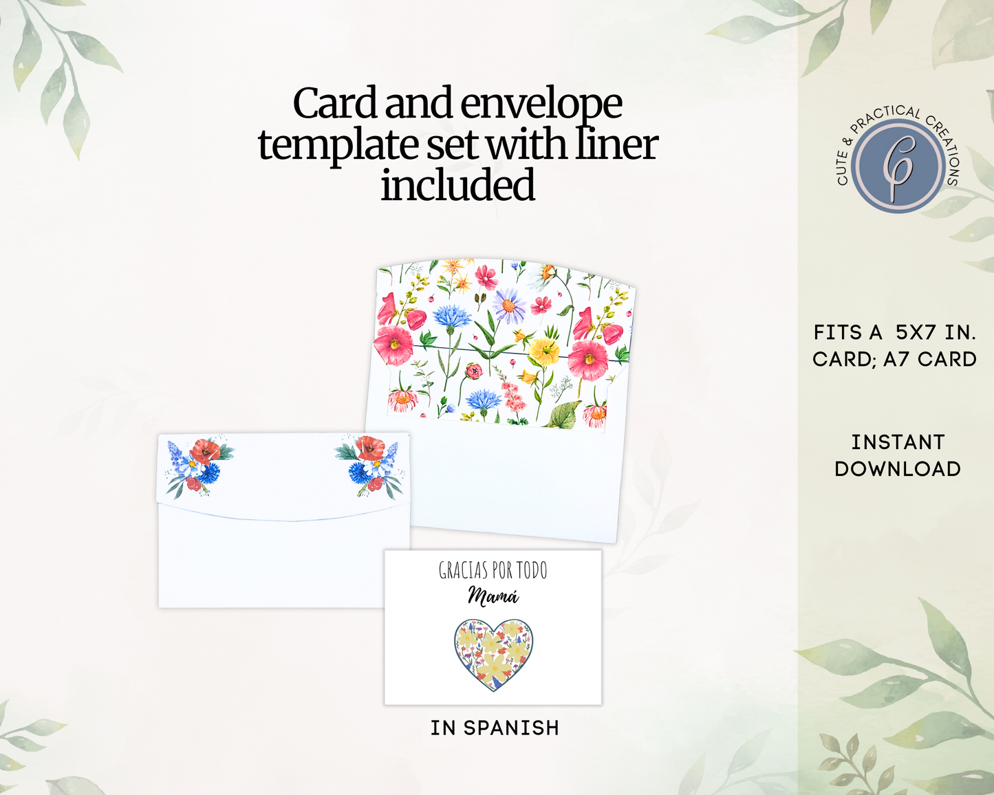 Set Tarjeta Imprimible y Plantilla de Sobre con Forro incluido-Diseño Floral- Mamá en Español