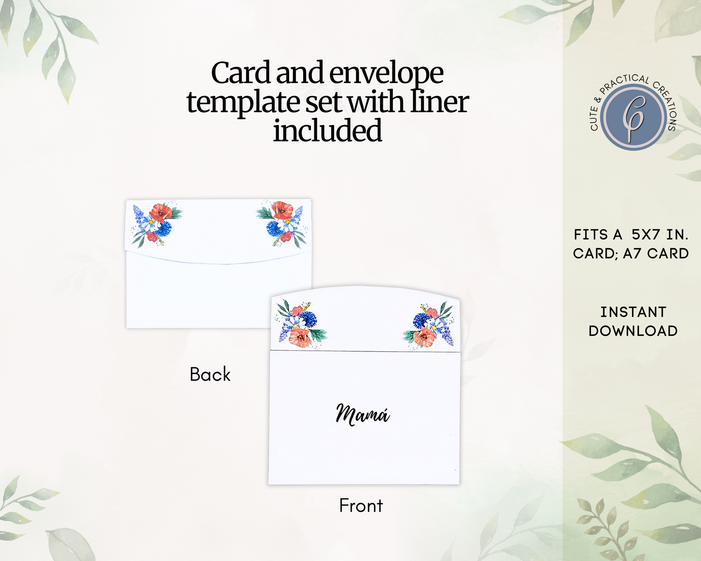 Set Tarjeta Imprimible y Plantilla de Sobre con Forro incluido-Diseño Floral- Mamá en Español