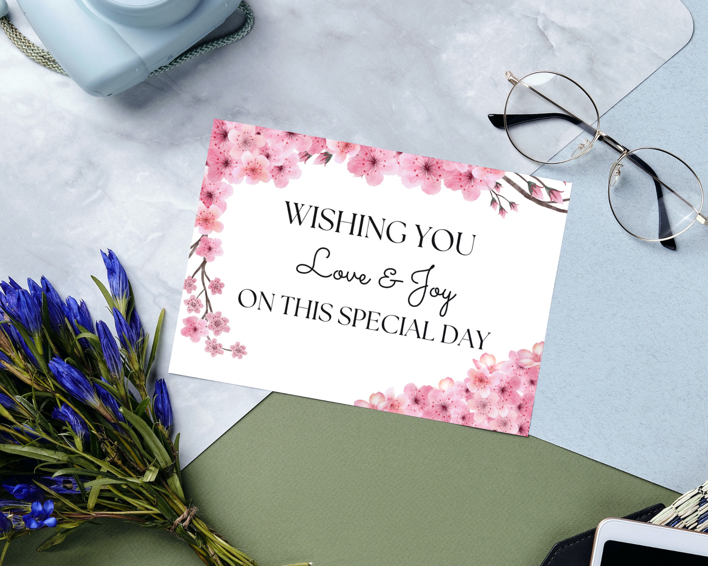 Set Tarjeta Imprimible y Sobre con Forro incluido -Diseño Flor de Cerezo