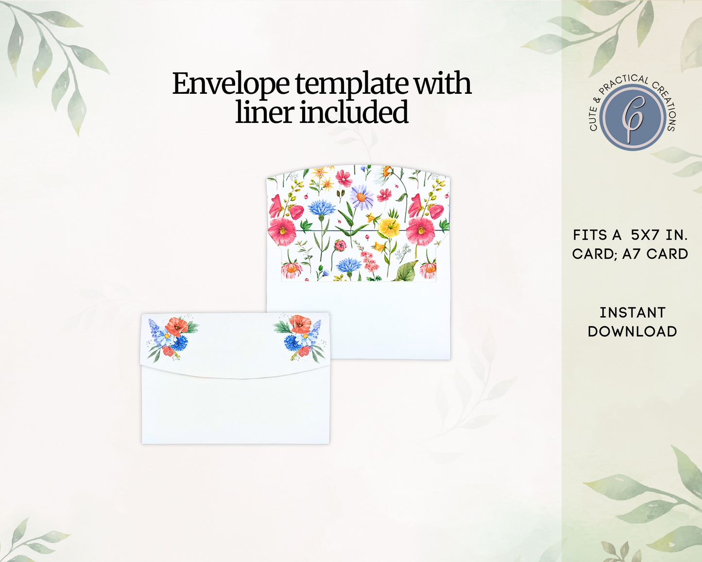 Plantilla imprimible para sobre floral de primavera con diseño interno incluido