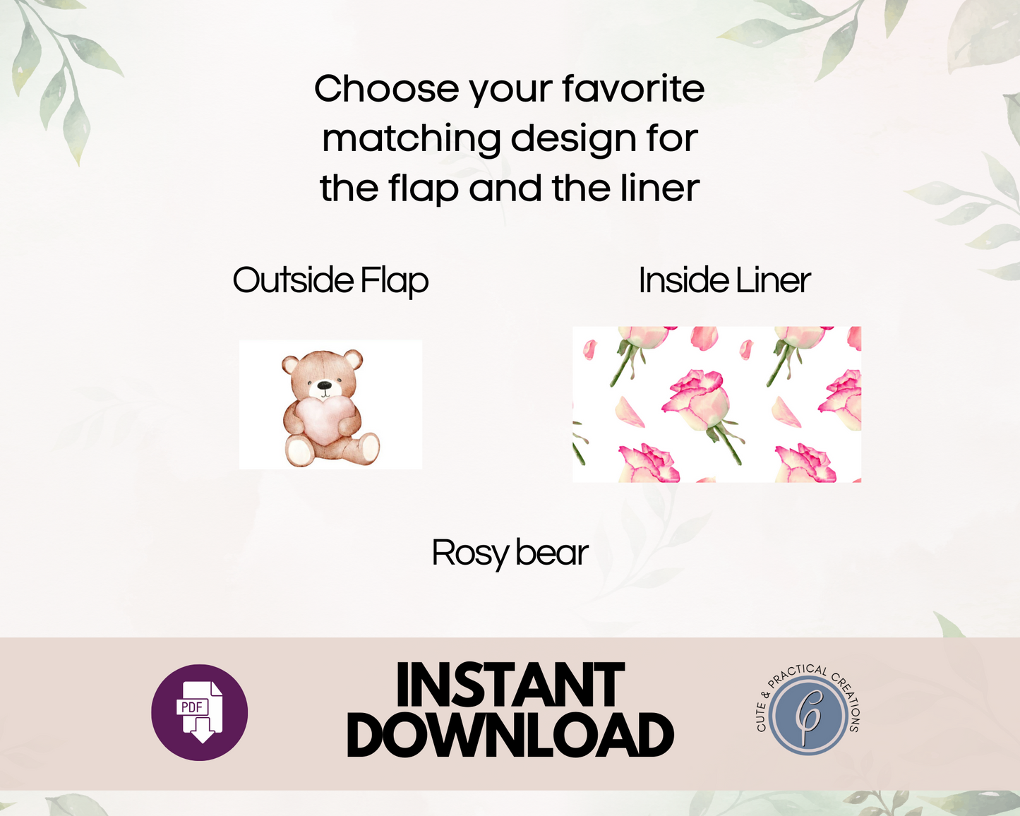 Plantilla para sobre con adorable oso y rosas con forro incluido