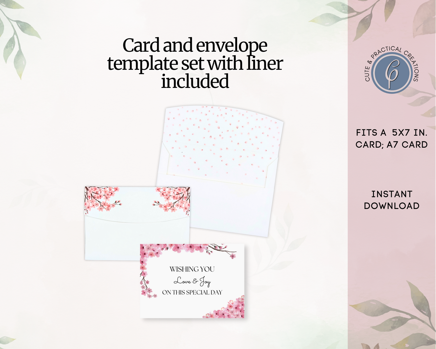 Set Tarjeta Imprimible y Sobre con Forro incluido -Diseño Flor de Cerezo