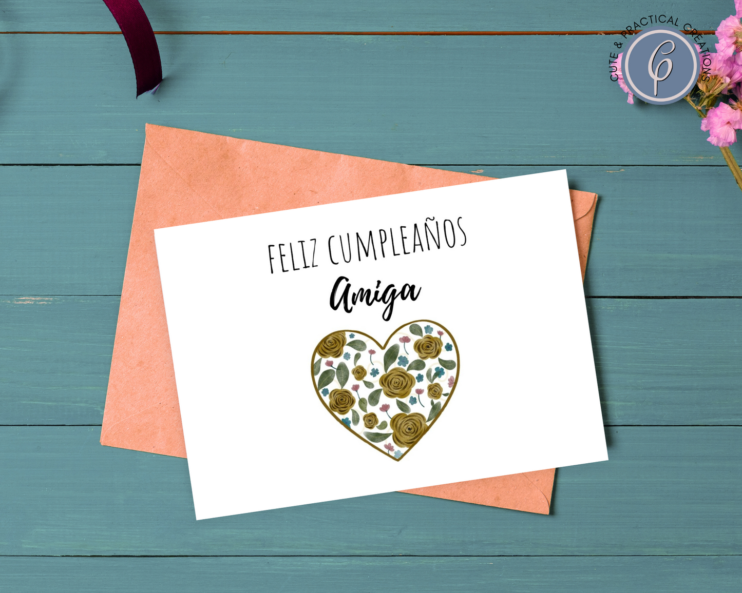 Tarjeta de Feliz Cumpleaños para Amiga Corazón con Flores; Feliz cumpleaños Amiga