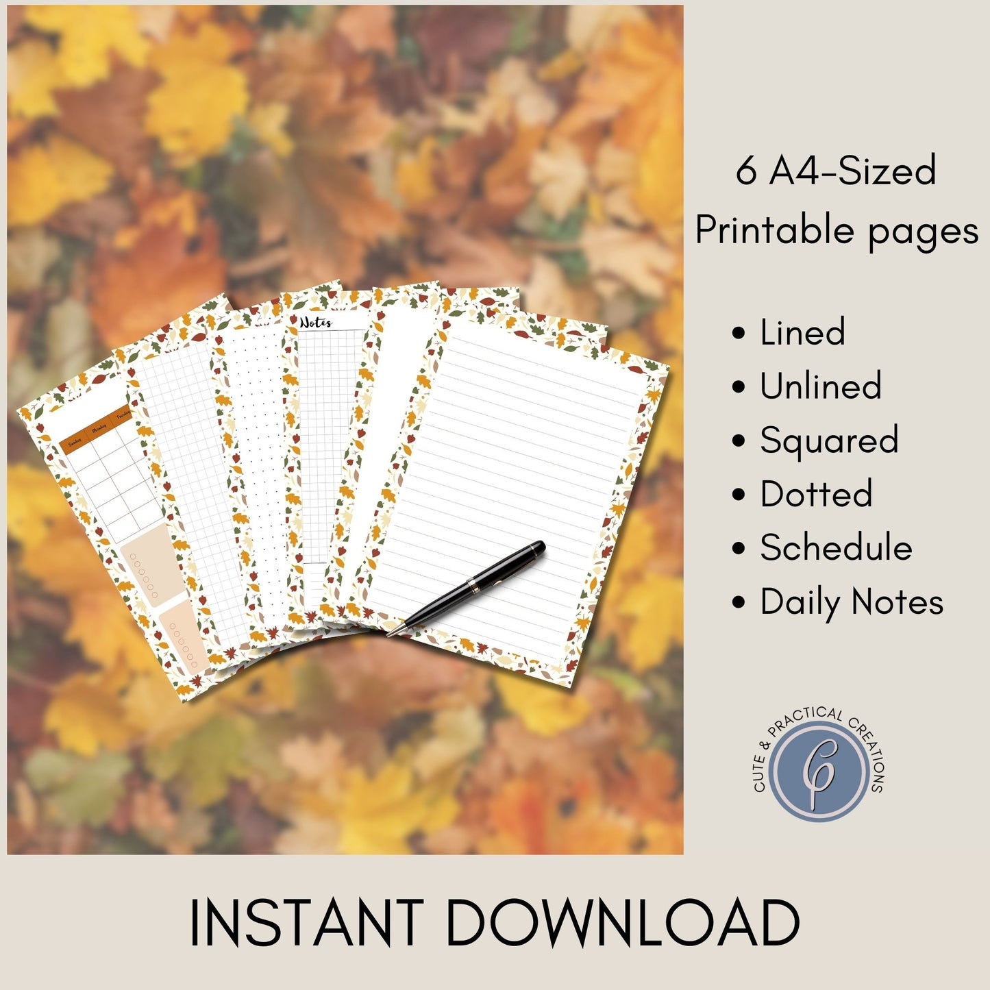 Conjunto de papel de escritura imprimibles de hojas de otoño