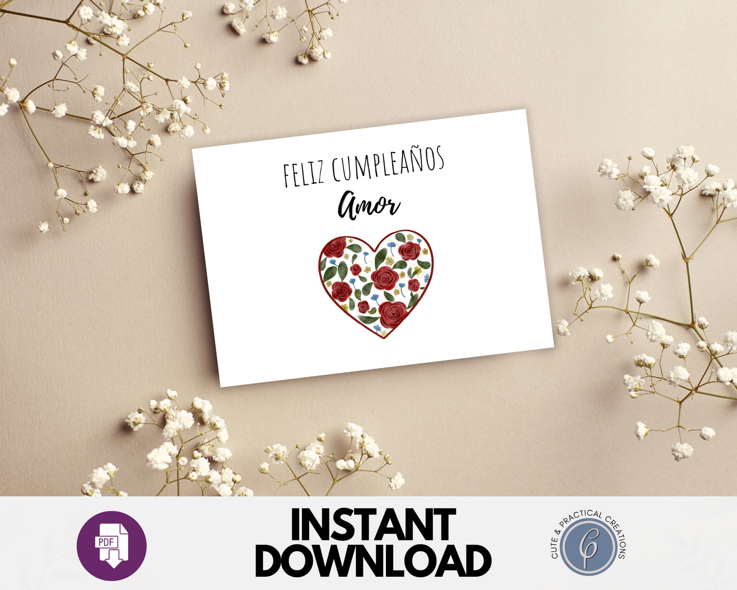 Tarjeta de Felicitación de Amor de Feliz Cumpleaños- Corazón con Rosas Rojas en Español