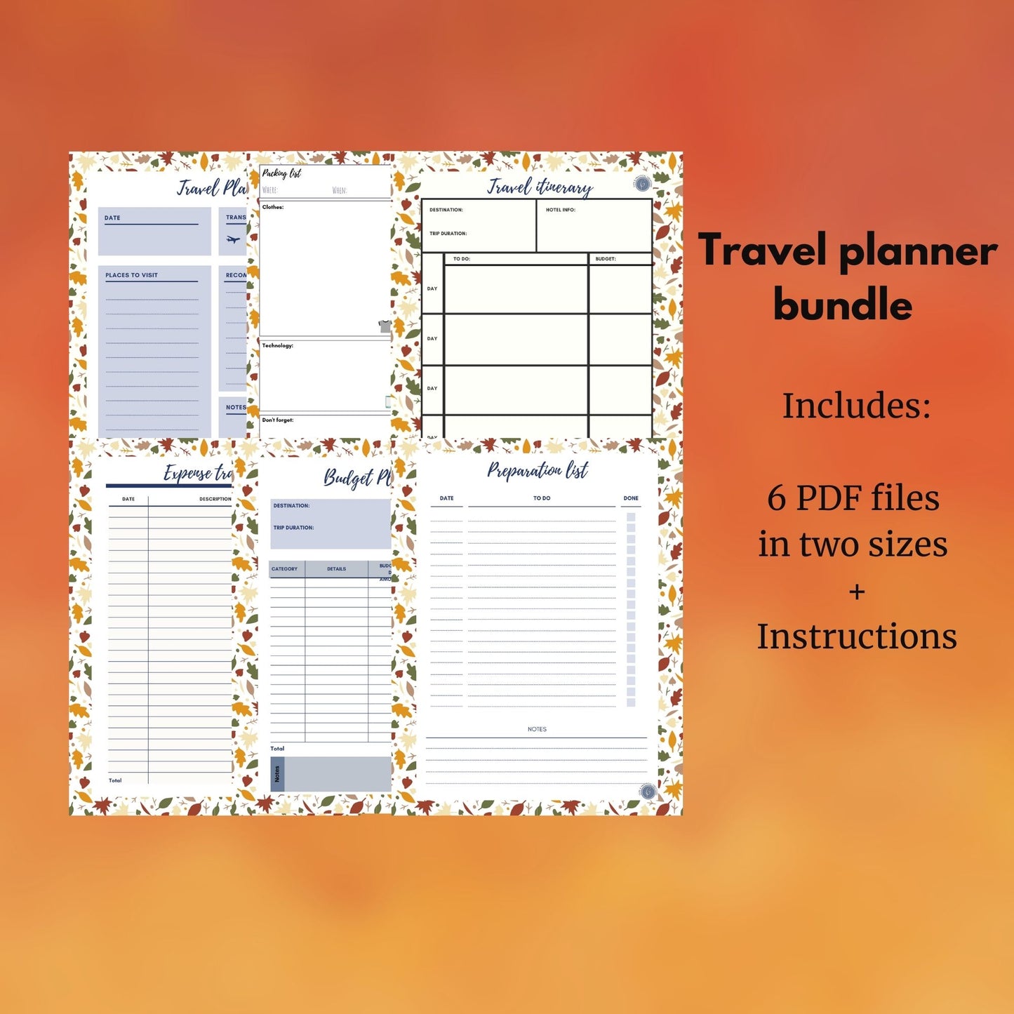 Planificador de vacaciones de otoño/otoño en tamaño carta de EE. UU. y A4 |Descarga digital y PDF imprimible|