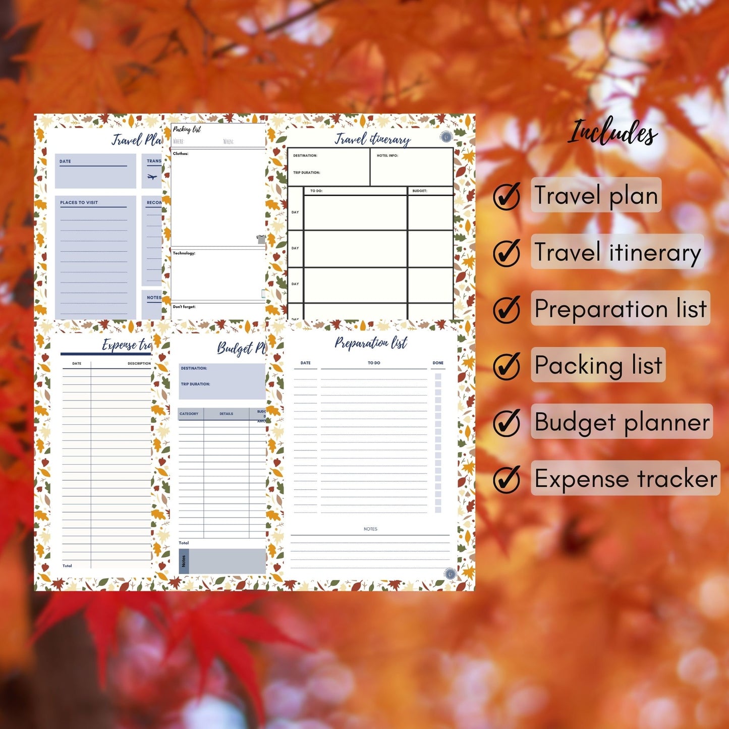 Planificador de vacaciones de otoño/otoño en tamaño carta de EE. UU. y A4 |Descarga digital y PDF imprimible|