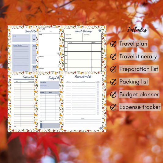 Fall/Autumn vacation planner in US letter size and A4 |Digital Download and Printable PDF|
