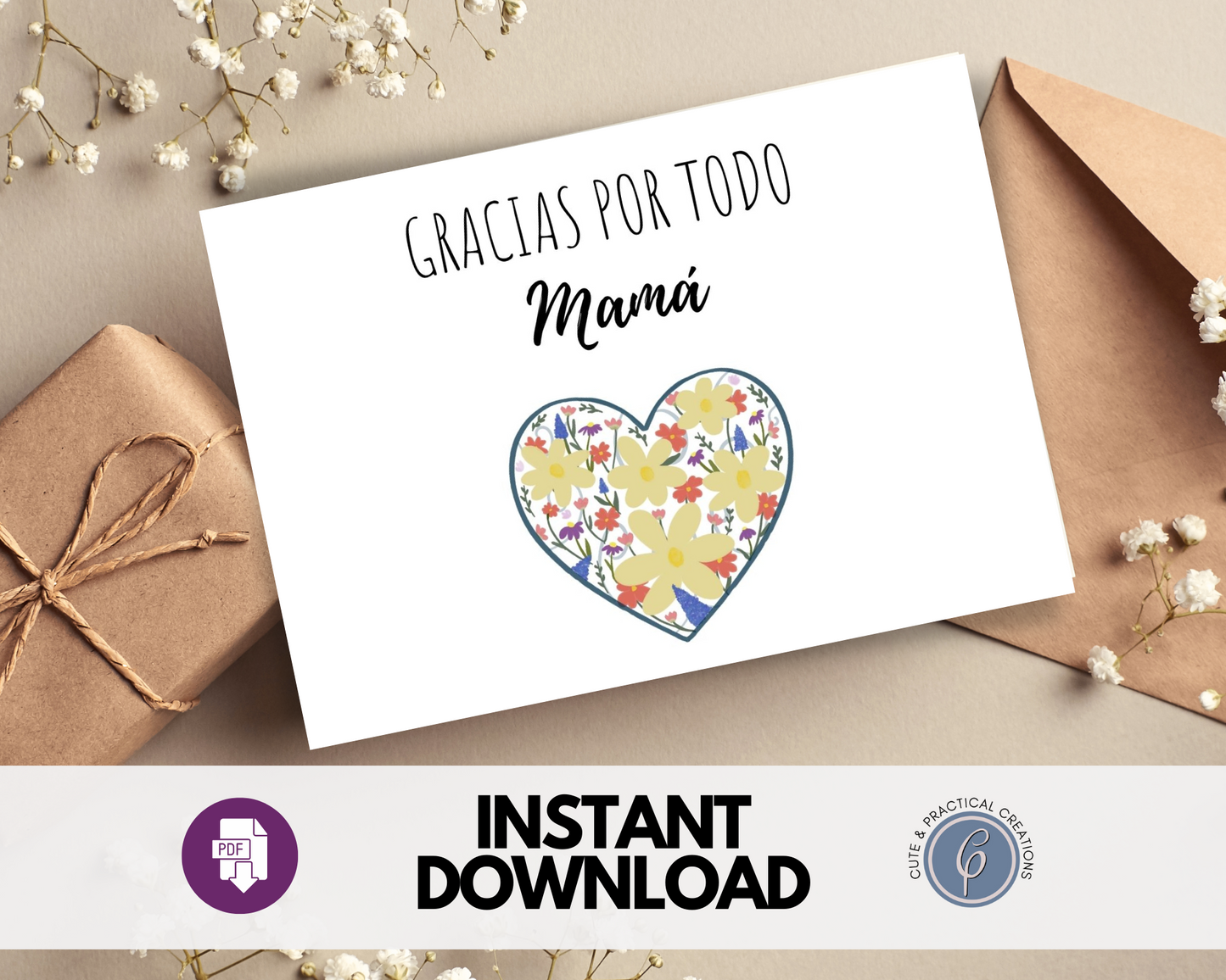 Set Tarjeta Imprimible y Plantilla de Sobre con Forro incluido-Diseño Floral- Mamá en Español