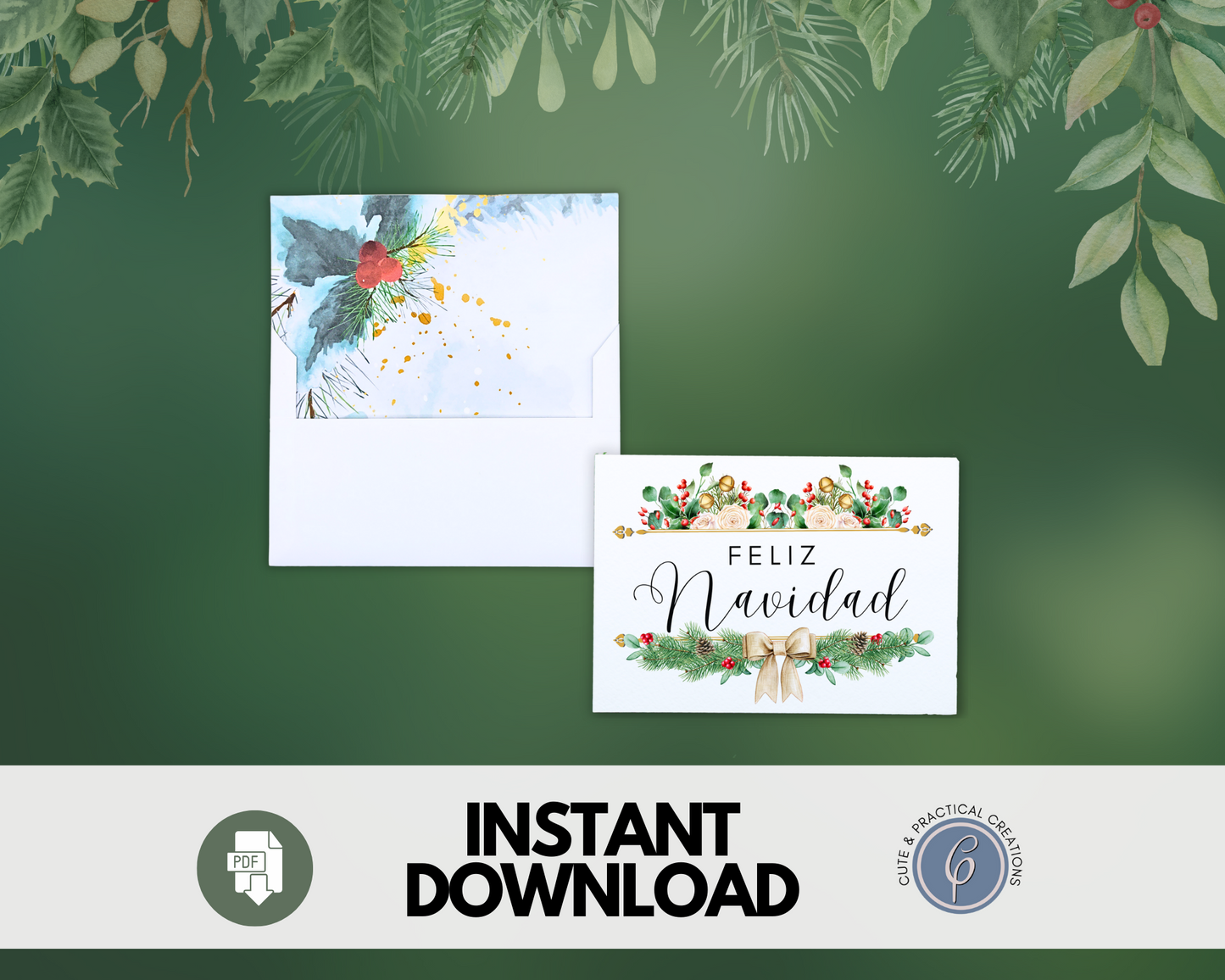 Plantilla de sobre con diseño de acuarela Holly Liner incluido - Feliz Navidad