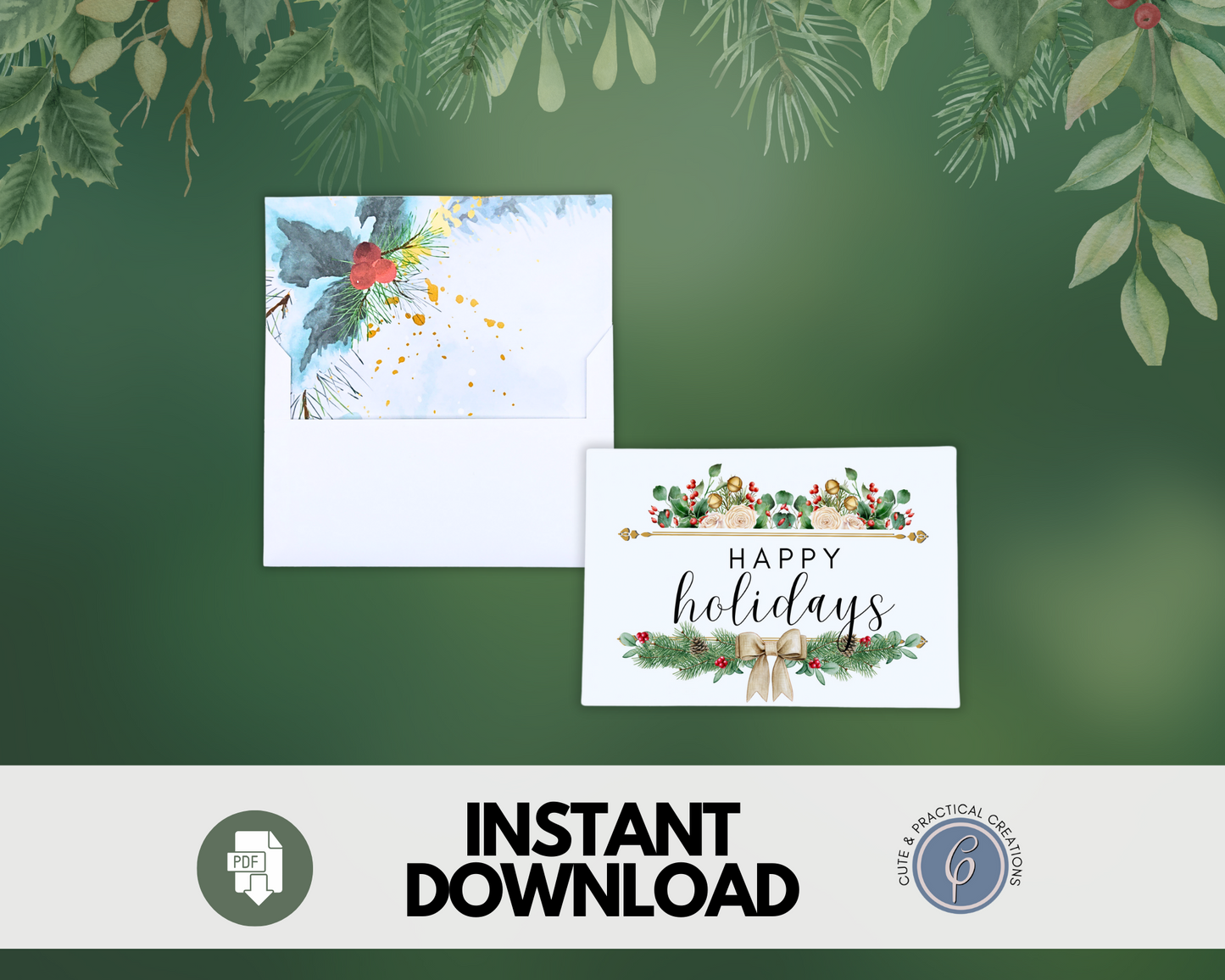 Plantilla de sobre con diseño de acuarela Holly Liner incluido - Felices fiestas