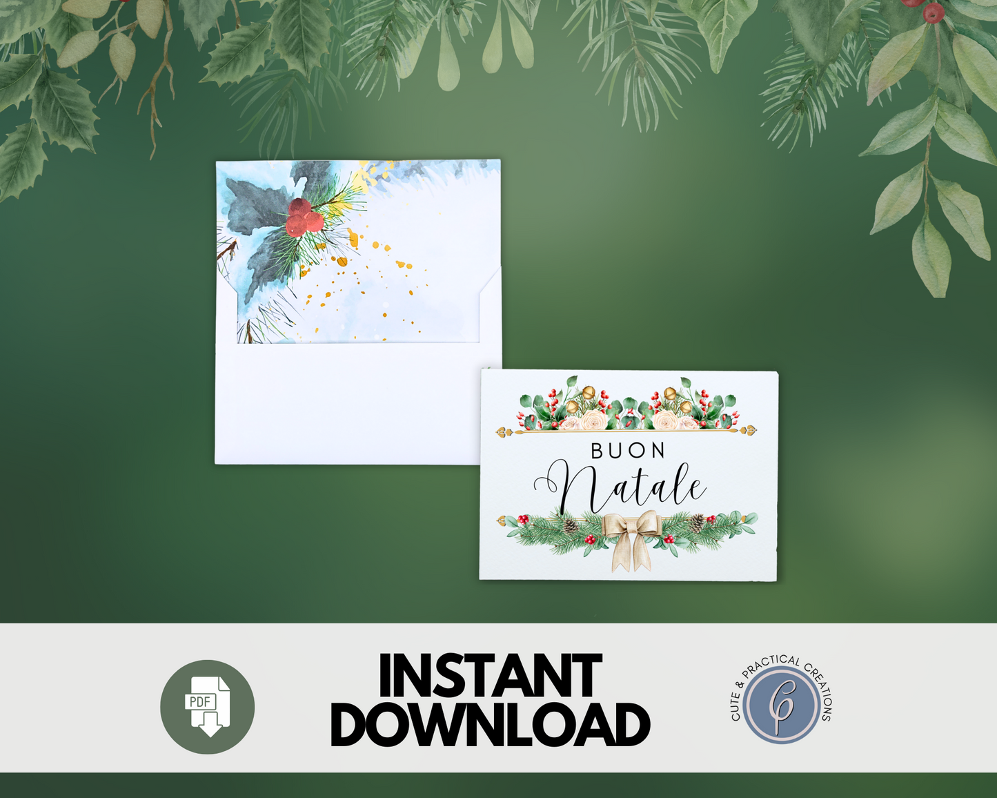 Plantilla de sobre con diseño de acuarela Holly Liner incluido - Buon Natale