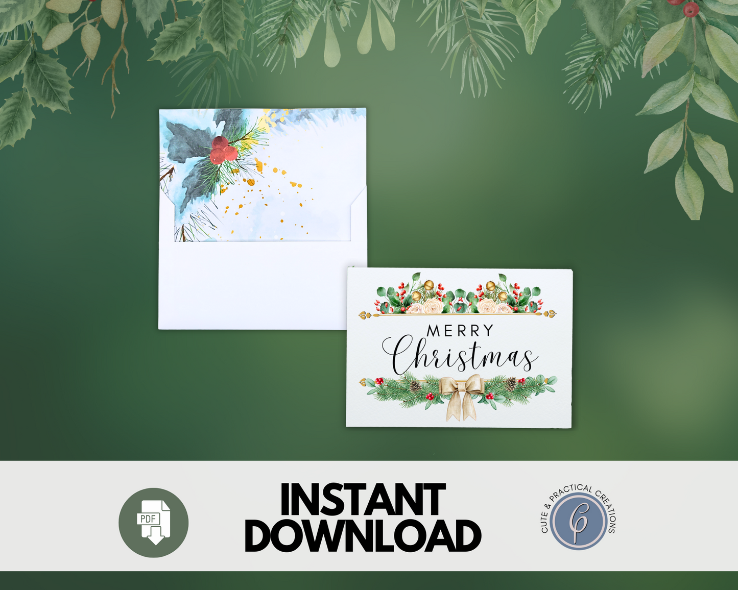 Plantilla de sobre con diseño de acuarela Holly Liner incluido - Feliz Navidad