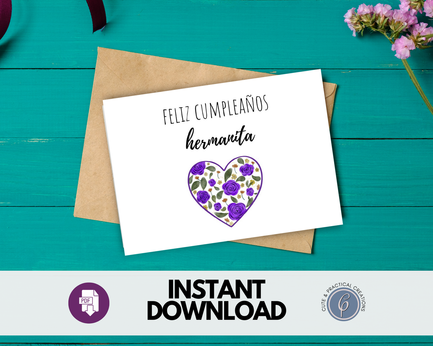 Tarjeta de Feliz Cumpleaños Hermana con Corazón con Flores en Español