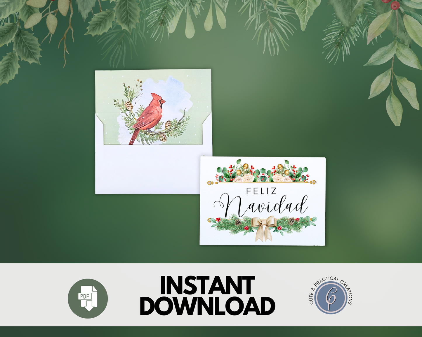 Plantilla de sobre con diseño de acuarela de pájaro incluido - Feliz Navidad