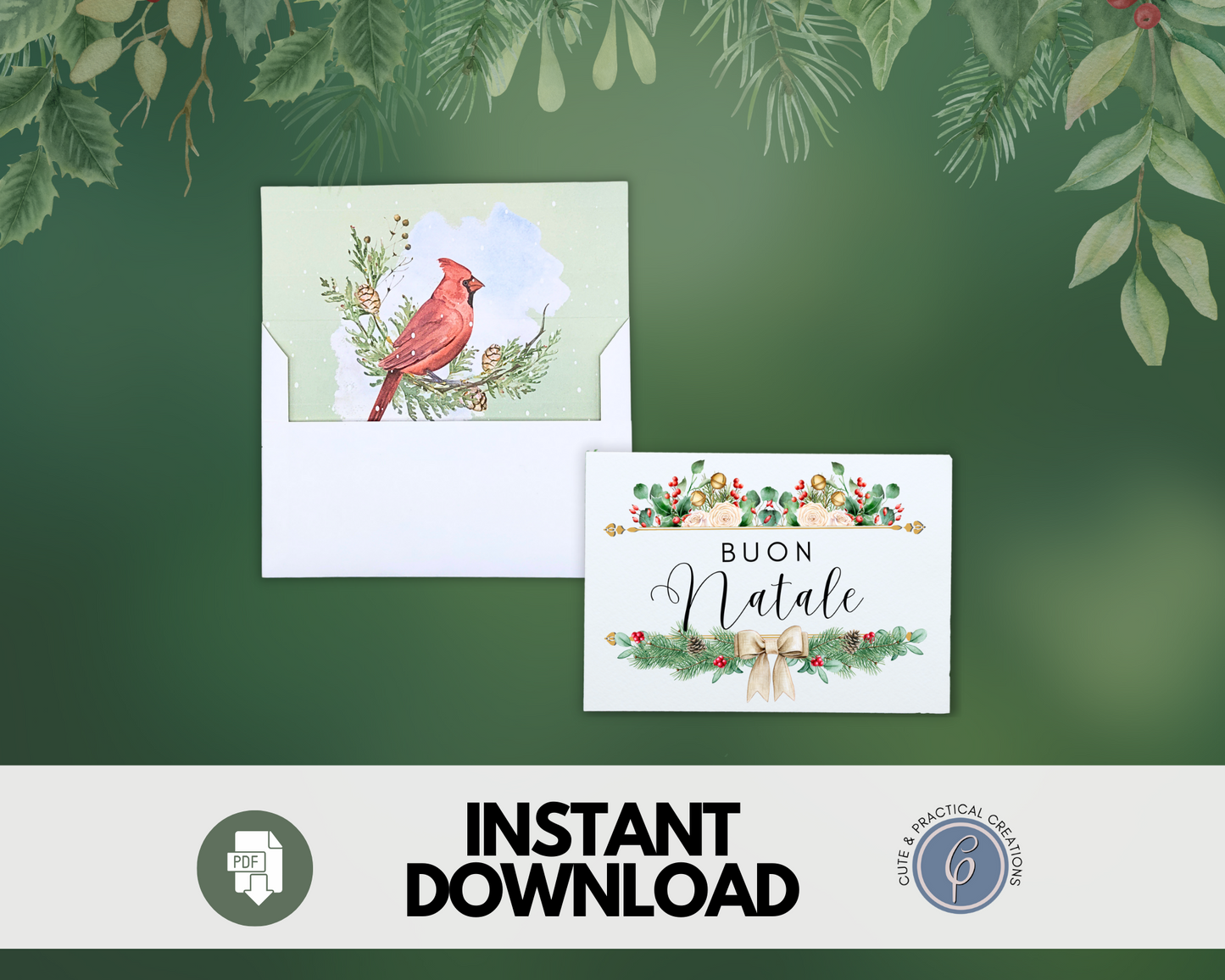 Plantilla de sobre con diseño de acuarela Bird Liner incluido - Buon Natale