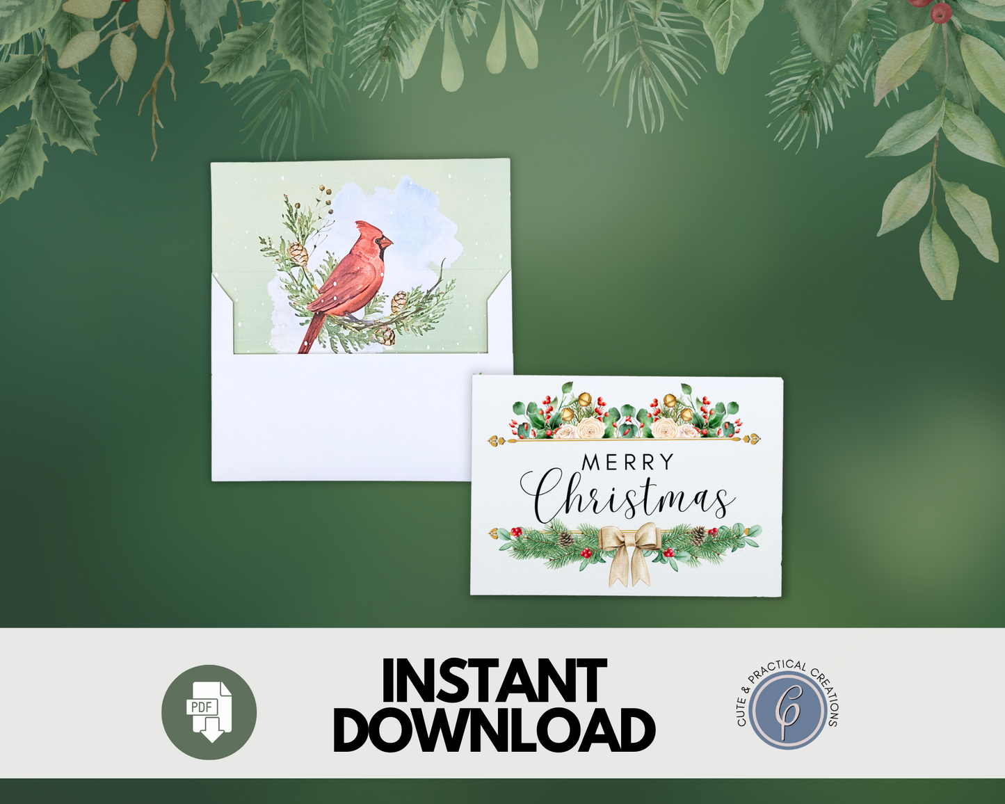 Plantilla de sobre con diseño de acuarela de pájaro incluido - Feliz Navidad