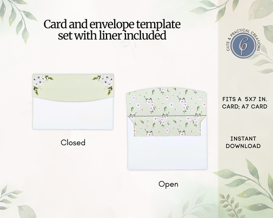 Set Printable Card and Envelope with Liner included -Greenery Design