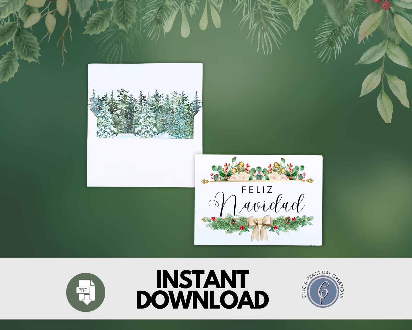 Plantilla de Sobre con Diseño de Acuarela Forest Liner incluido - Feliz Navidad