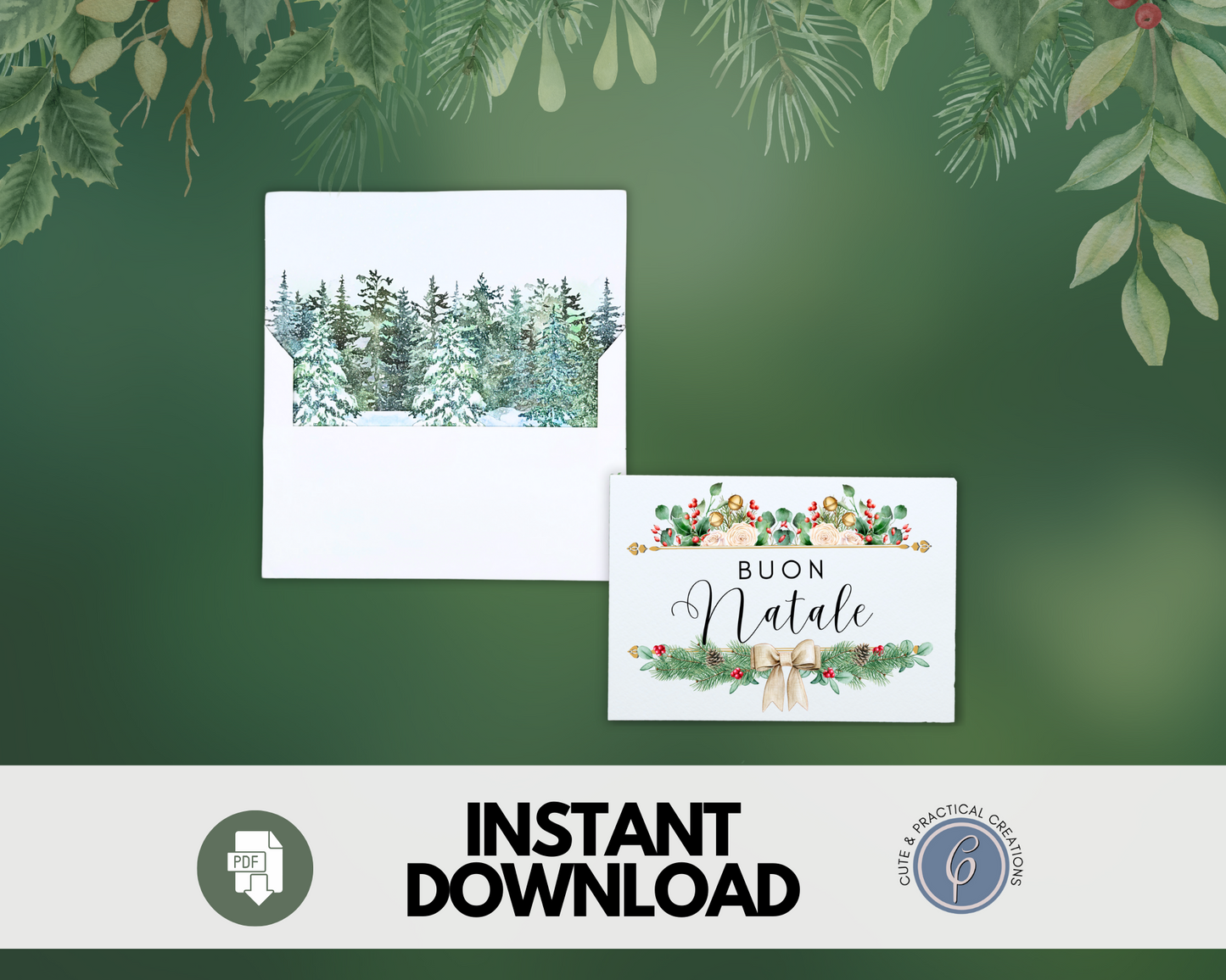 Plantilla de sobre con diseño de acuarela Forest Liner incluido - Buon Natale