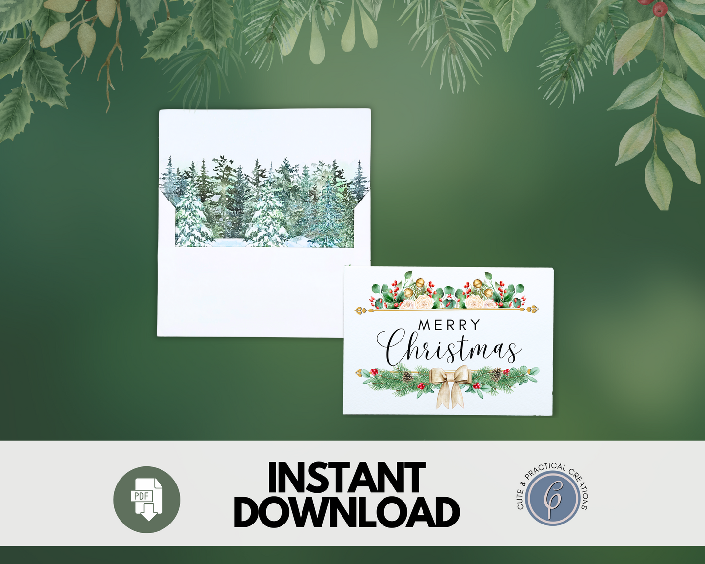 Plantilla de sobre con diseño de acuarela Forest Liner incluido - Feliz Navidad
