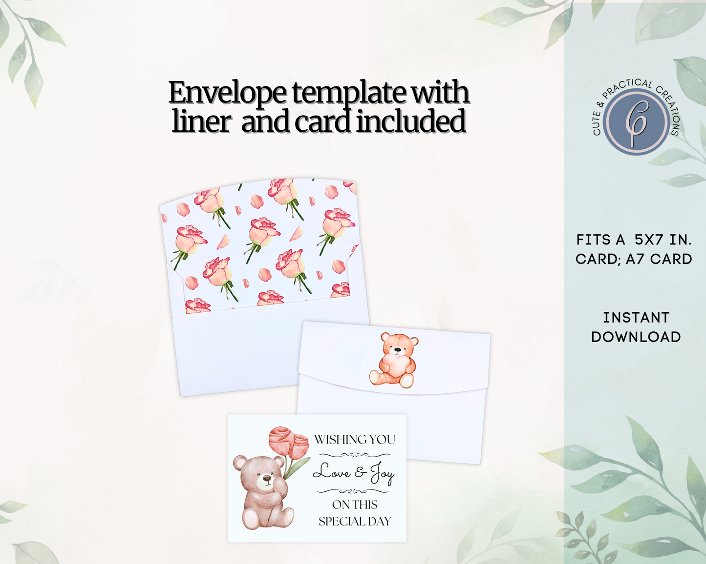 Plantilla de sobre adorable de oso y rosas con forro y tarjeta incluida