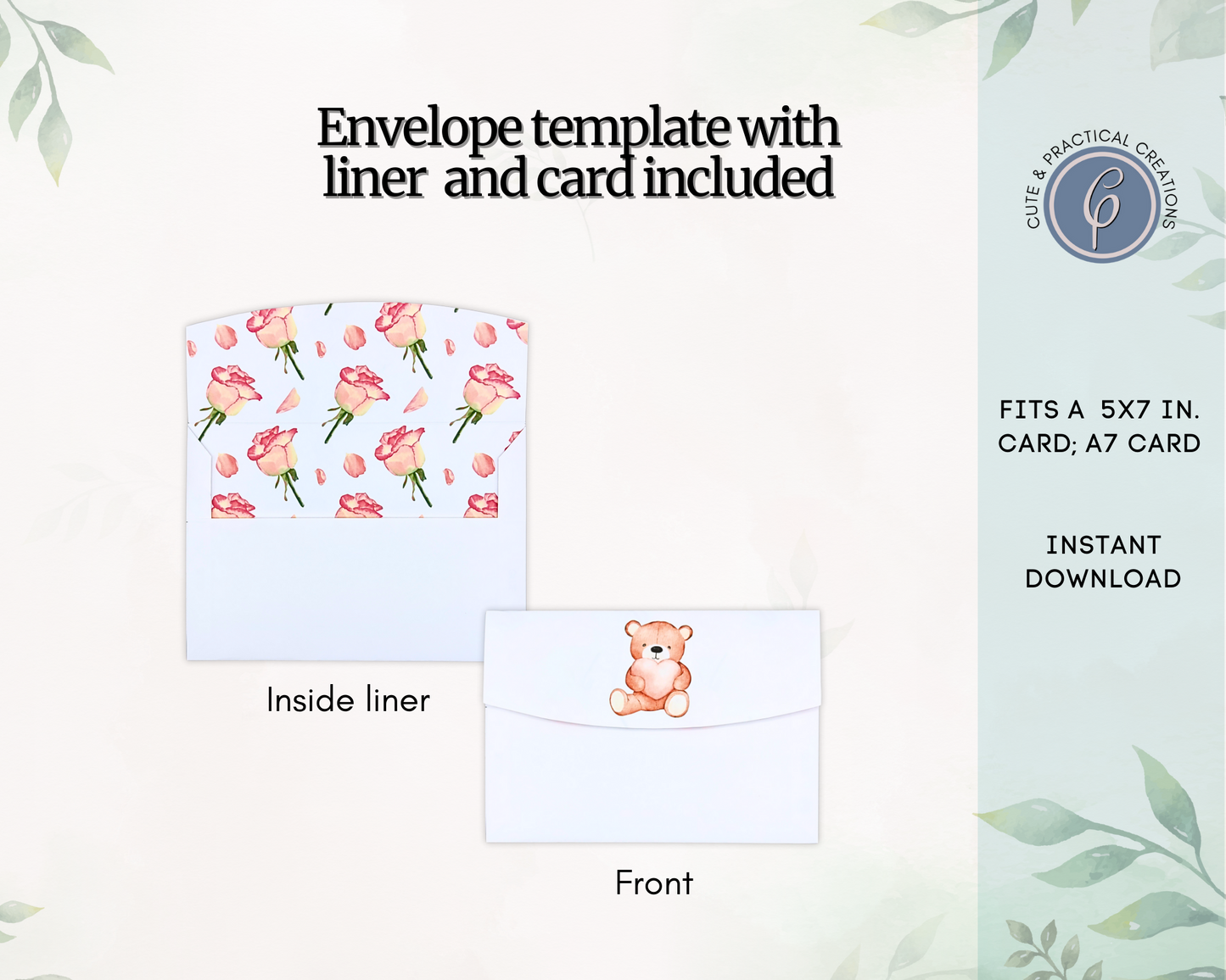 Plantilla de sobre adorable de oso y rosas con forro y tarjeta incluida