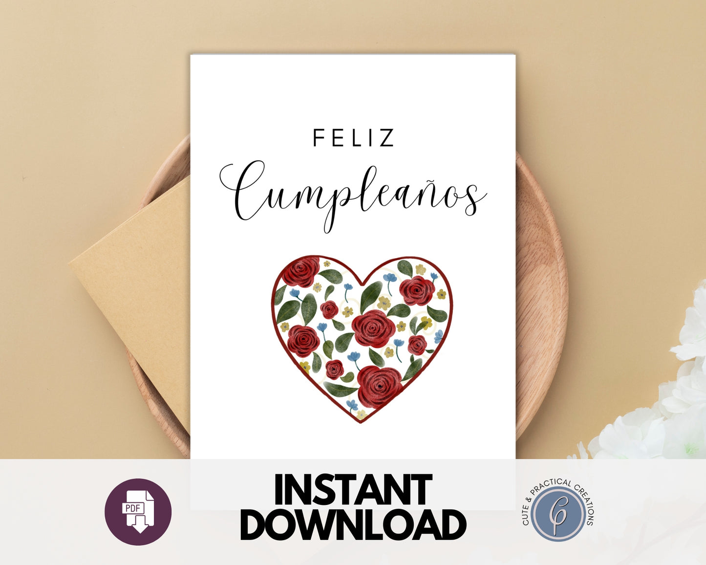 Tarjeta de Felicitación de Amor de Feliz Cumpleaños- Corazón con Rosas Rojas en Español