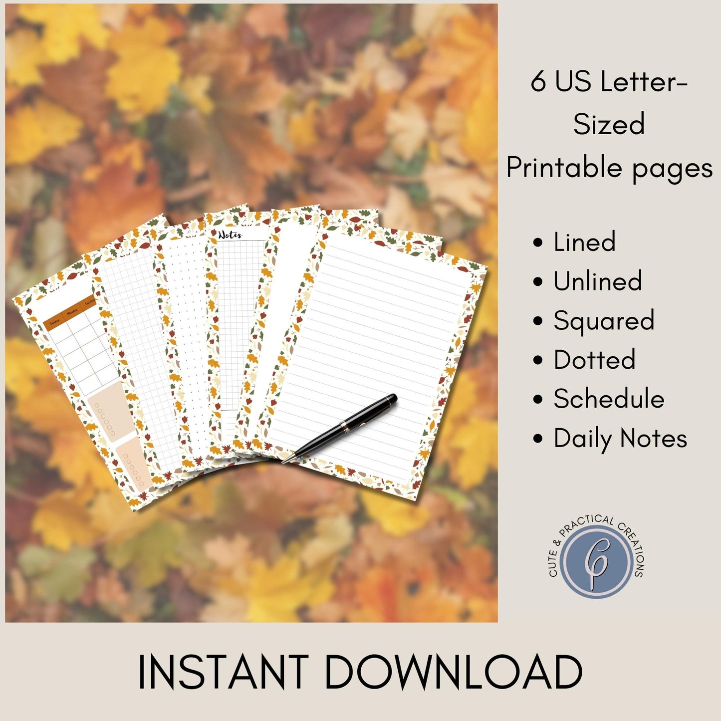 Conjunto de papel de escritura imprimibles de hojas de otoño