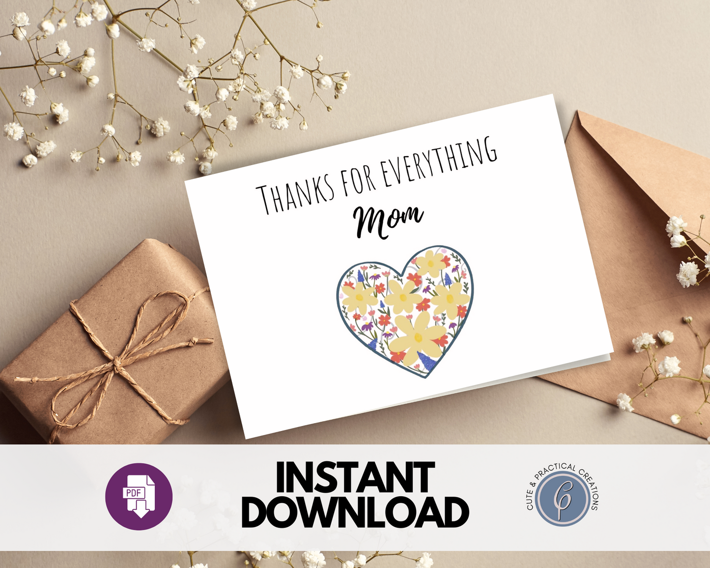 Set Tarjeta Imprimible y Plantilla de Sobre con Forro incluido-Diseño Floral-Mamá