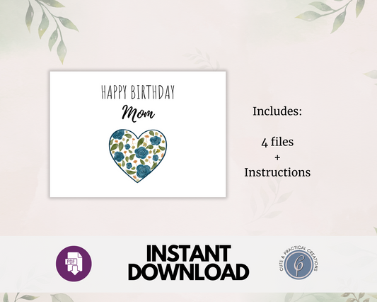 Happy Birthday Mom Heart with Flowers Greeting Card