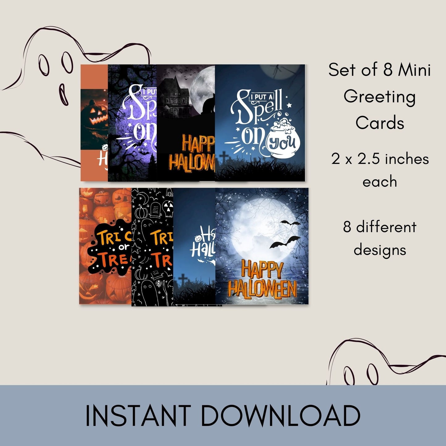 Mini tarjetas de felicitación, juego de 8: diseños de Halloween