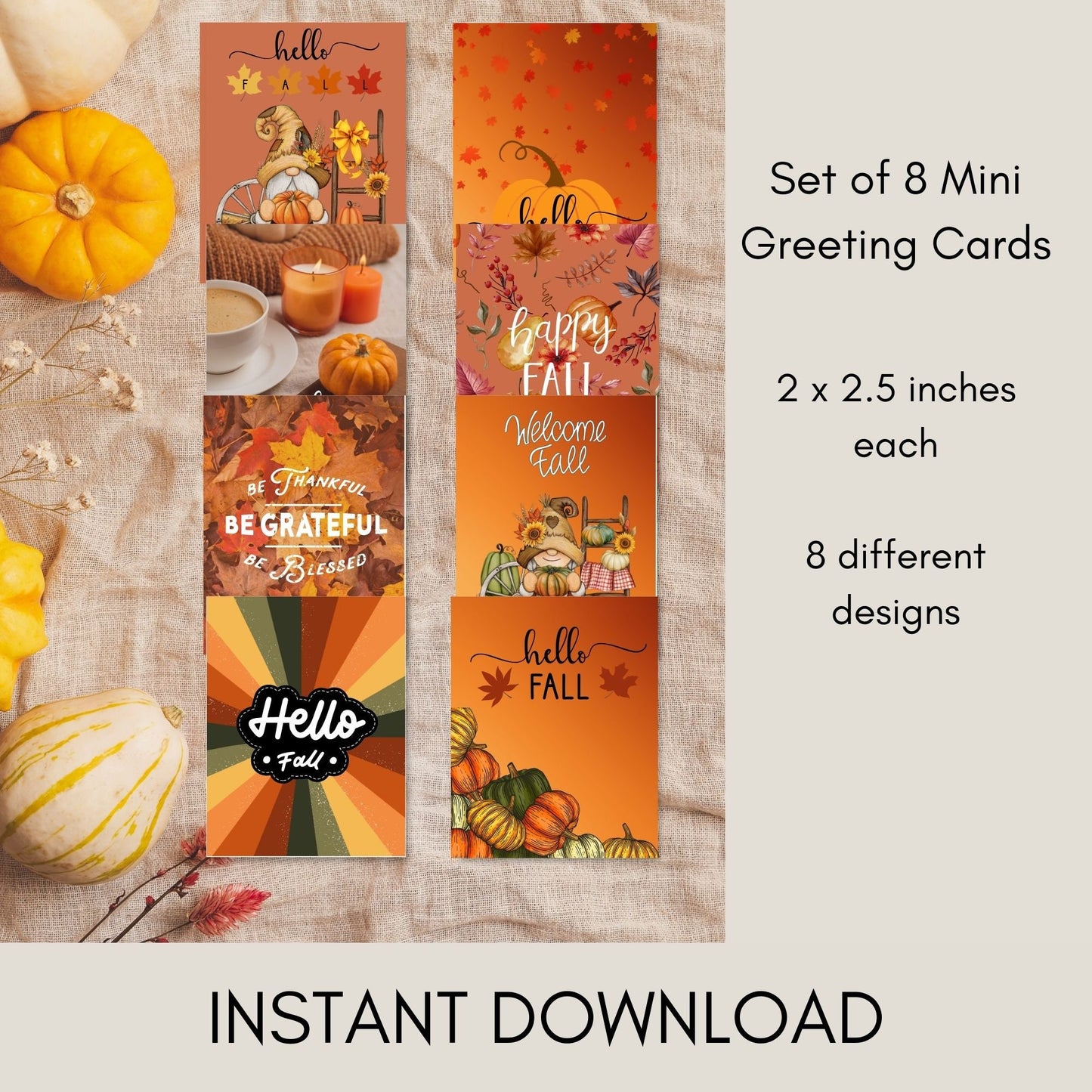 Mini Tarjetas Conjunto de 8 - Diseños imprimibles Otoño
