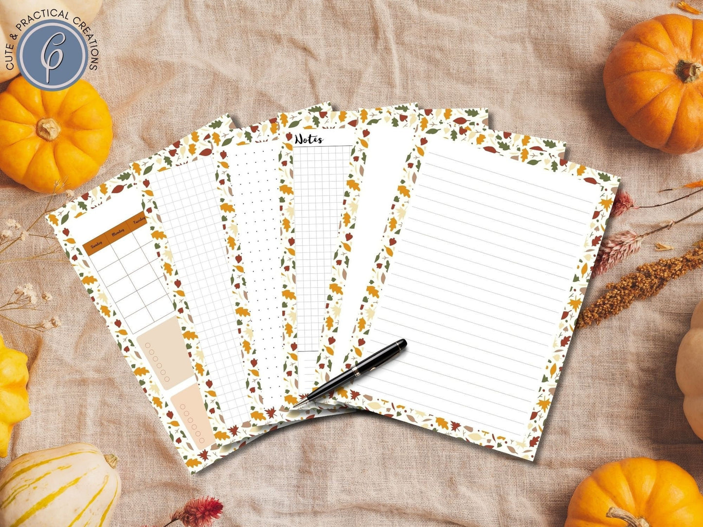 Conjunto de papel de escritura imprimibles de hojas de otoño